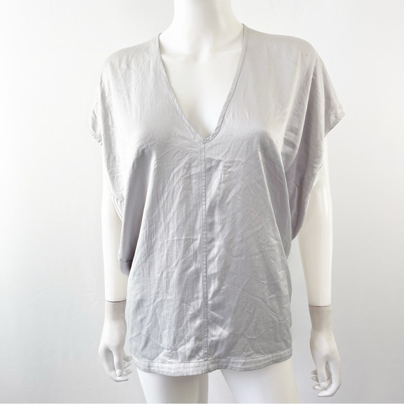 Helmut Lang Top Light Gray V-Neck Satin Short Sleeve Blouse Size S Draped Back - Picture 1 of 9